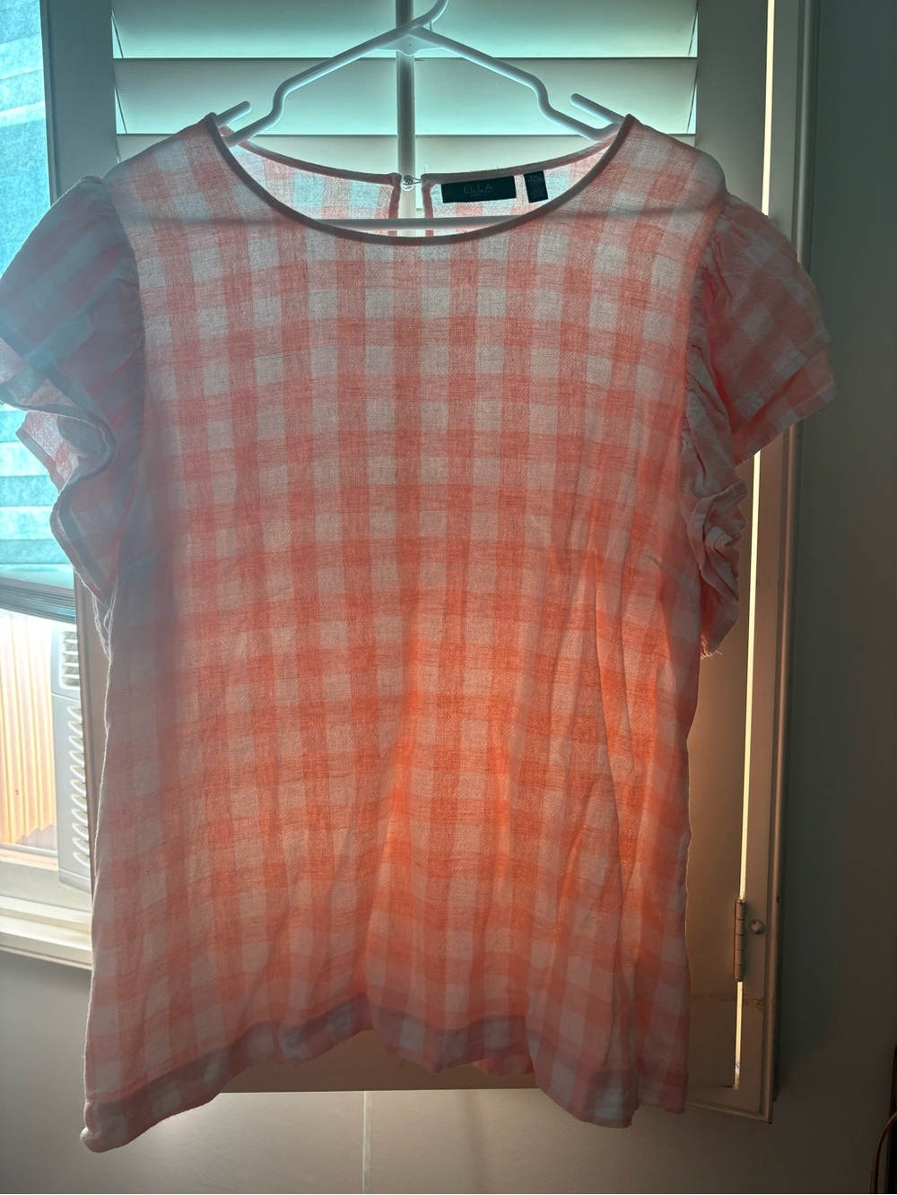 Rafaella Peach and White Gingham Short Sleeve Blouse